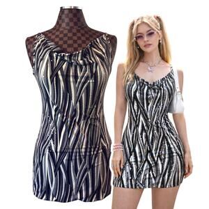 Mandee Y2K Micro Mini Dress Sparkly Zebra Size Medium Glam Disco Bodycon Draped